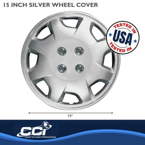 Coast to Coast Wheel Cover, 15 Inch, 8 Spoke, Silver, Plastic, Set of 4, Spring Steel Clip – IWC12415S