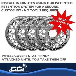 Coast to Coast Wheel Cover, 16 Inch, Lace Design, Chrome Plated, Plastic, Set of 4, Spring Steel Clip – IWC15016CN
