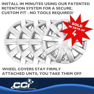 Coast to Coast Wheel Cover, 15 Inch, 9 Spoke, Silver, Plastic, Set of 4, Spring Steel Clip – IWC42315S