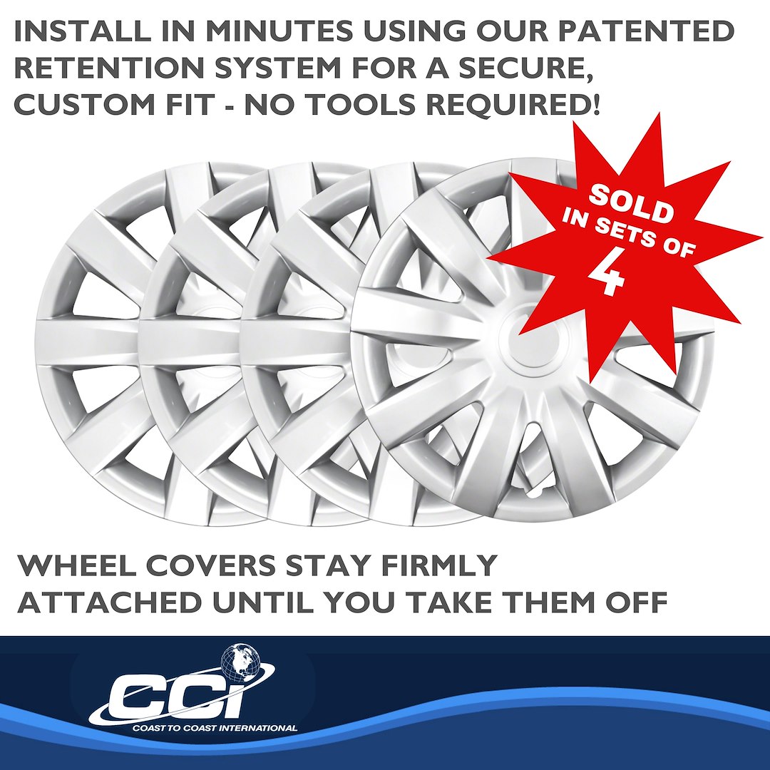 Coast to Coast Wheel Cover, 15 Inch, 9 Spoke, Silver, Plastic, Set of 4, Spring Steel Clip – IWC42315S