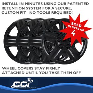 Coast to Coast Wheel Cover, 16 Inch, 5 Spoke, Gloss Black, Plastic, Set of 4, Spring Steel Clip – IWC43116BLK