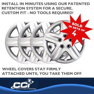 Coast to Coast Wheel Cover, 16 Inch, 5 Spoke, Silver, Plastic, Set of 4, Spring Steel Clip – IWC43116S
