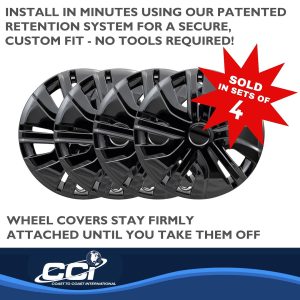 Coast to Coast Wheel Cover, 14 Inch, 5 Split Spoke, Painted, Gloss Black, Plastic, Set of 4, Not Compatible with Steel Wheels – 49514BLK