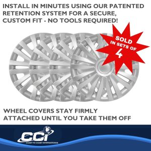 Coast to Coast Wheel Cover, 15 Inch, 9 Split Spoke, Silver, Plastic, Set of 4, Spring Steel Clip – IWC50715S