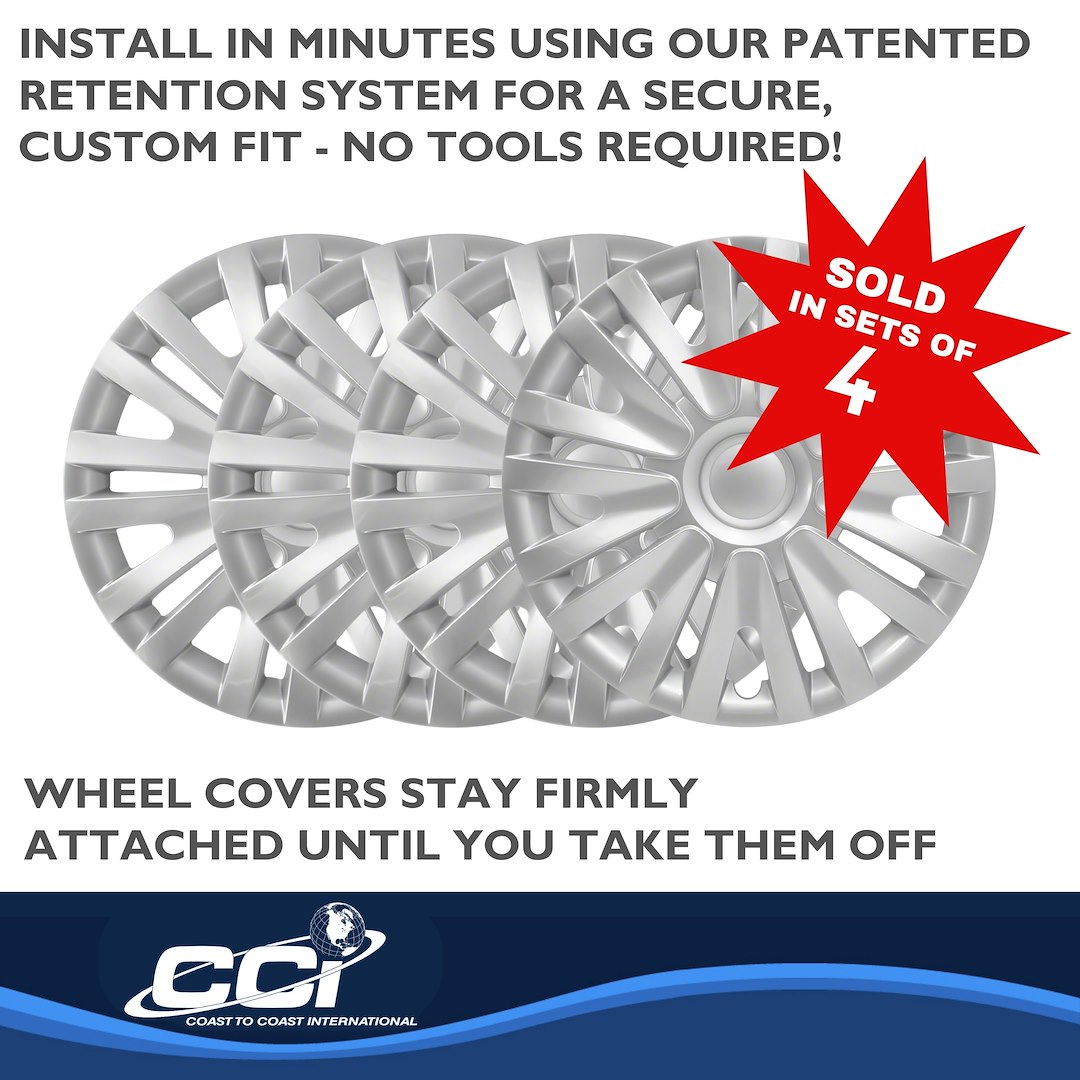 Coast to Coast Wheel Cover, 15 Inch, 9 Split Spoke, Silver, Plastic, Set of 4, Spring Steel Clip – IWC50715S