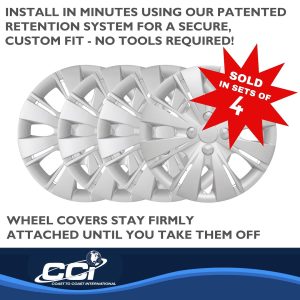 Coast to Coast Wheel Cover, 15 Inch, 8 Split Spoke, Silver, Plastic, Set of 4, Spring Steel Clip – IWC50915S