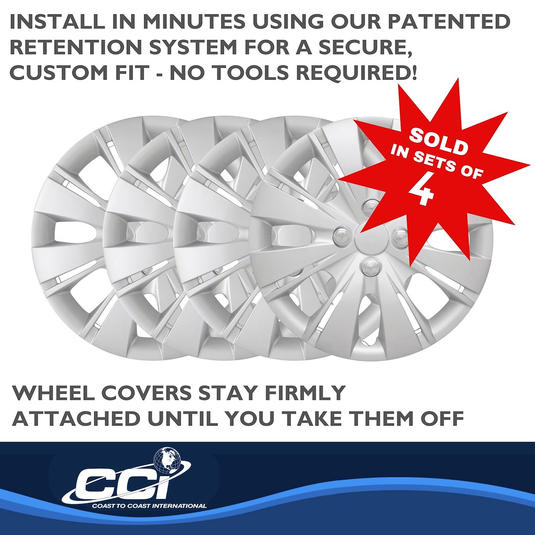 Coast to Coast Wheel Cover, 15 Inch, 8 Split Spoke, Silver, Plastic, Set of 4, Spring Steel Clip – IWC50915S