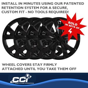 Coast to Coast Wheel Cover, 16 Inch, 5 V Spoke, Painted, Gloss Black, Automotive Grade ABS, Set of 4, Fits Over OEM Steel Wheel – IWC55916BLK