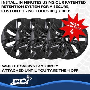 Coast to Coast Wheel Cover, 19 Inch, 7 Spoke, Painted, Gloss Black, Plastic, Set of 4, Fits Over OEM Steel Wheel – 56619BLK