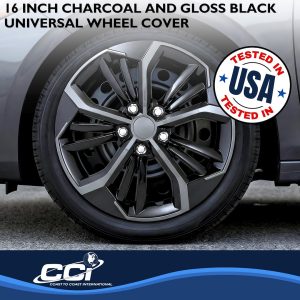 Coast to Coast Wheel Cover, 16 Inch, 5 V Spokes, Painted, Charcoal/ Gloss Black, ABS Plastic, Set of 4, Fits Over OEM Wheel – 56716CB