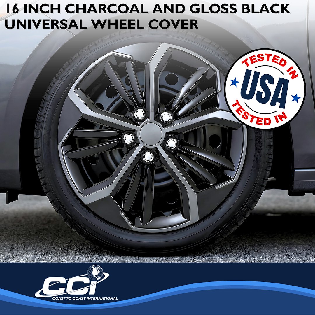 Coast to Coast Wheel Cover, 16 Inch, 5 V Spokes, Painted, Charcoal/ Gloss Black, ABS Plastic, Set of 4, Fits Over OEM Wheel – 56716CB