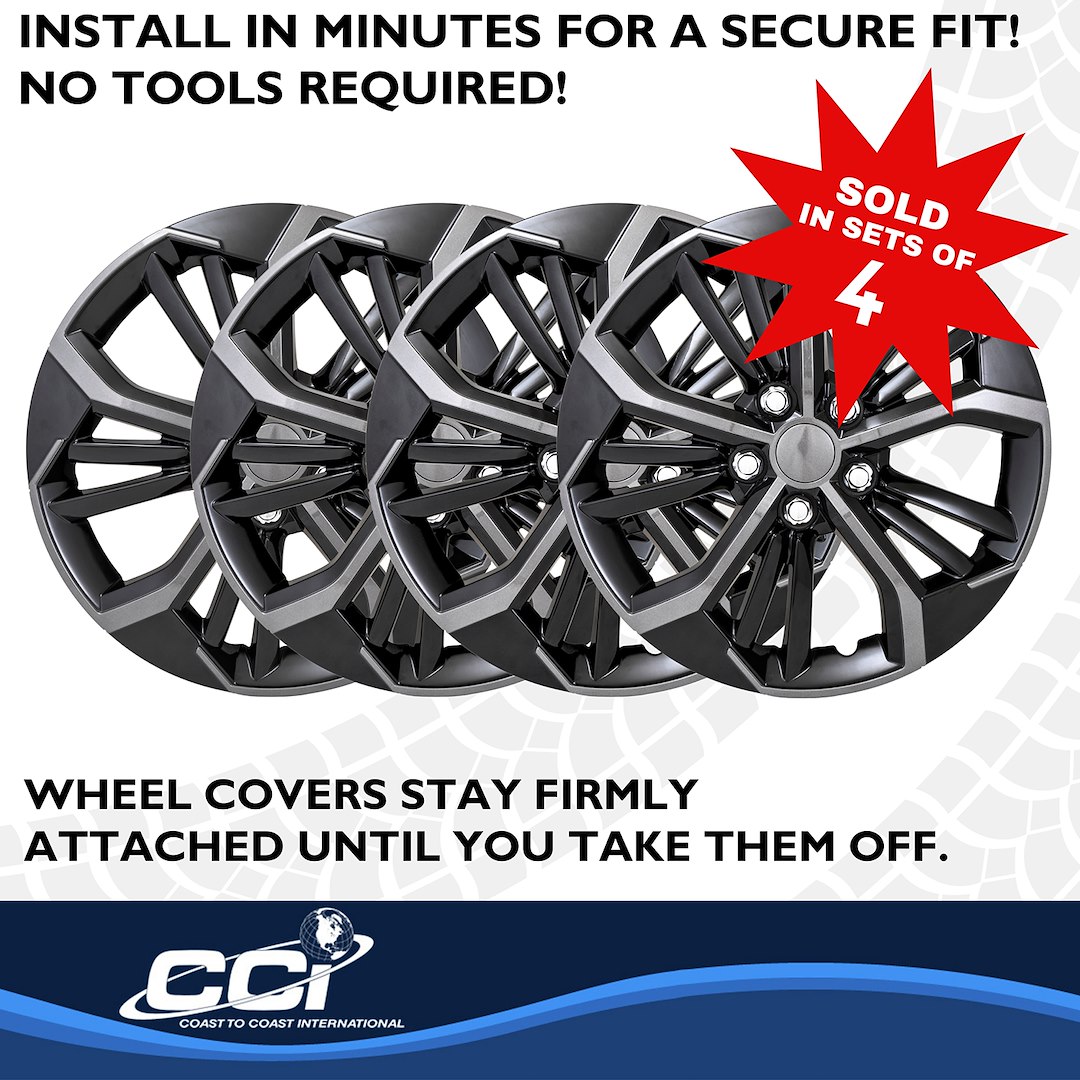 Coast to Coast Wheel Cover, 16 Inch, 5 V Spokes, Painted, Charcoal/ Gloss Black, ABS Plastic, Set of 4, Fits Over OEM Wheel – 56716CB
