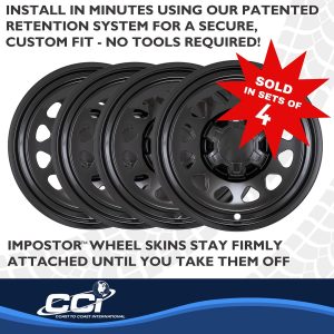 Coast to Coast Wheel Skin, Impostor ®, 17 Inch, 12 Hole, Snap-On, Painted, Gloss Black, ABS Plastic, Set of 4, With Center Caps – IMP100BLKN