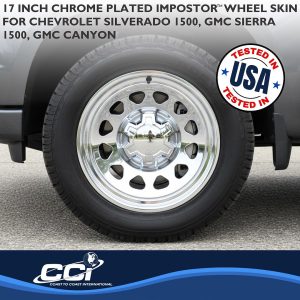 Coast to Coast Wheel Skin, Impostor ®, 17 Inch, 12 Hole, Snap-On, Chrome Plated, Silver, ABS Plastic, Set of 4, With Center Caps – IMP100XN