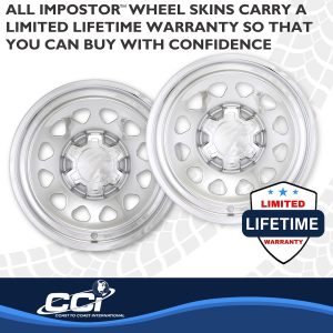 Coast to Coast Wheel Skin, Impostor ®, 17 Inch, 12 Hole, Snap-On, Chrome Plated, Silver, ABS Plastic, Set of 4, With Center Caps – IMP100XN