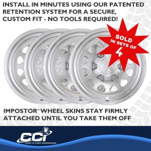 Coast to Coast Wheel Skin, Impostor ®, 17 Inch, 12 Hole, Snap-On, Chrome Plated, Silver, ABS Plastic, Set of 4, With Center Caps – IMP100XN