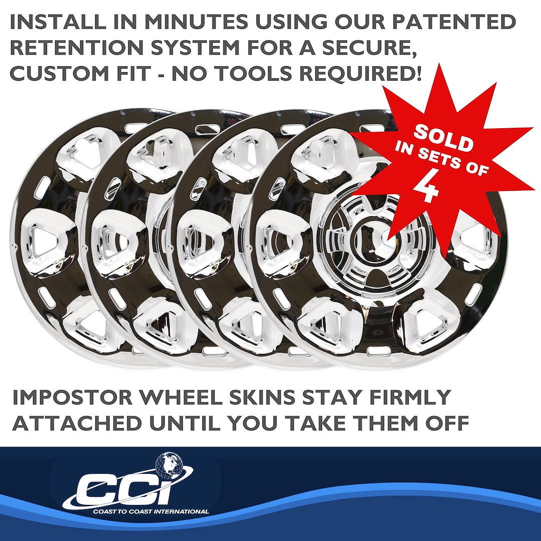 Coast to Coast Wheel Skin, Impostor ®, 17 Inch, 6 Spokes, Snap-On, Plated, Chrome, ABS Plastic, Set of 4, Fits Over and Into OEM Wheel – IWCIMP101X