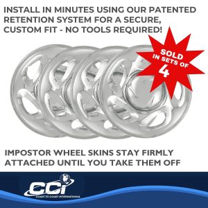Coast to Coast Wheel Skin, Impostor ®, 16 Inch, 5 Directional Spokes, Snap-On, Plated, Chrome, ABS Plastic, Set of 4 – IWCIMP19X