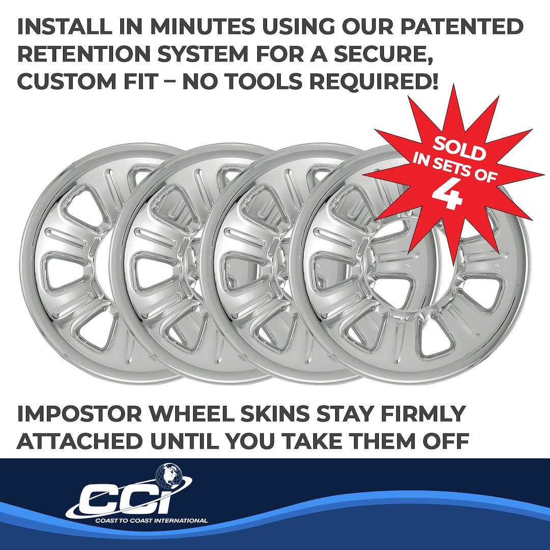 Coast to Coast Wheel Skin, Impostor ®, 15 Inch, 7 Dimpled Spokes, Snap-On, Plated, Chrome, ABS Plastic, Set of 4 – IWCIMP21
