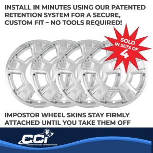 Coast to Coast Wheel Skin, Impostor ®, 17 Inch, 5 Spokes with Cc Cutout, Snap-On, Plated, Chrome, ABS Plastic, Set of 4 – IWCIMP326X