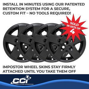 Coast to Coast Wheel Skin, Impostor ®, 17 Inch, 5 Spokes, Snap-On/Lug Hug, Painted, Gloss Black, ABS Plastic, Set of 4 – IWCIMP340BLK