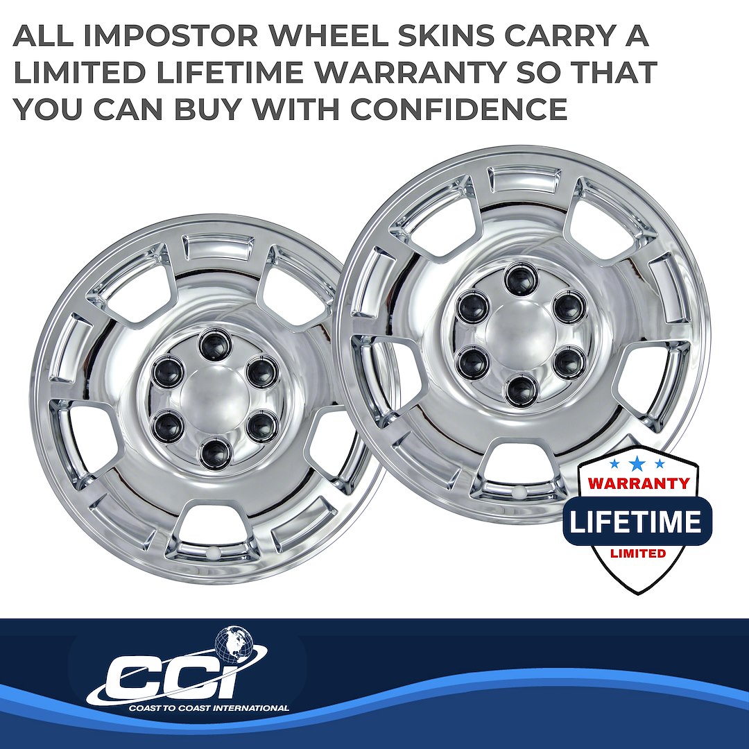 Coast to Coast Wheel Skin, Impostor ®, 17 Inch, 5 Spokes, Snap-On/Center Retention, Plated, Chrome, ABS Plastic, Set of 4 – IWCIMP347X