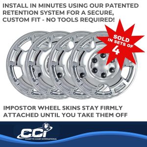 Coast to Coast Wheel Skin, Impostor ®, 17 Inch, 5 Spokes, Snap-On/Center Retention, Plated, Chrome, ABS Plastic, Set of 4 – IWCIMP347X