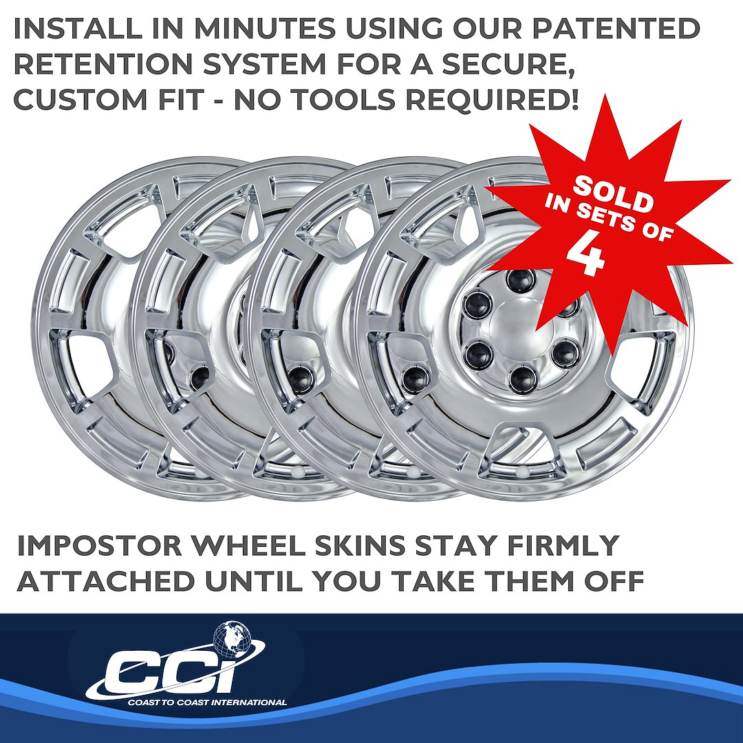 Coast to Coast Wheel Skin, Impostor ®, 17 Inch, 5 Spokes, Snap-On/Center Retention, Plated, Chrome, ABS Plastic, Set of 4 – IWCIMP347X