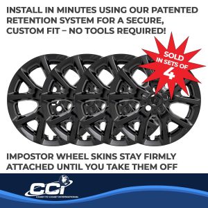 Coast to Coast Wheel Skin, Impostor ®, 17 Inch, 10 Vent, Snap-On/Center Retention, Painted, Gloss Black, ABS Plastic, Set of 4 – IWCIMP382BLK