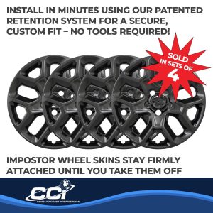 Coast to Coast Wheel Skin, Impostor ®, 17 Inch, 10 Vent, Snap-On/Center Retention, Painted, Gloss Black, ABS Plastic, Set of 4 – IWCIMP386BLK