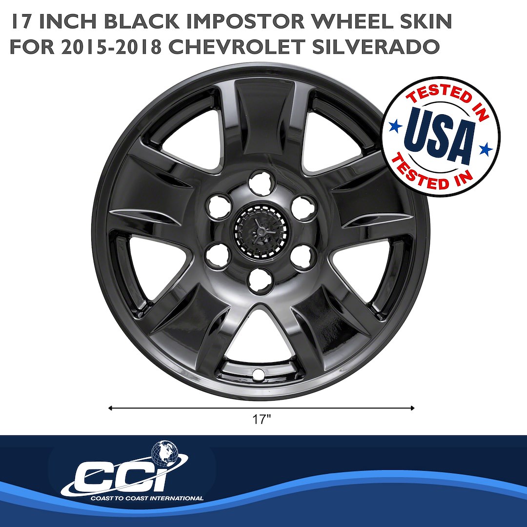 Coast to Coast Wheel Skin, Impostor ®, 17 Inch, 5 Spokes, Snap-On/Center Retention, Painted, Gloss Black, ABS Plastic, Set of 4 – IWCIMP390BLKN
