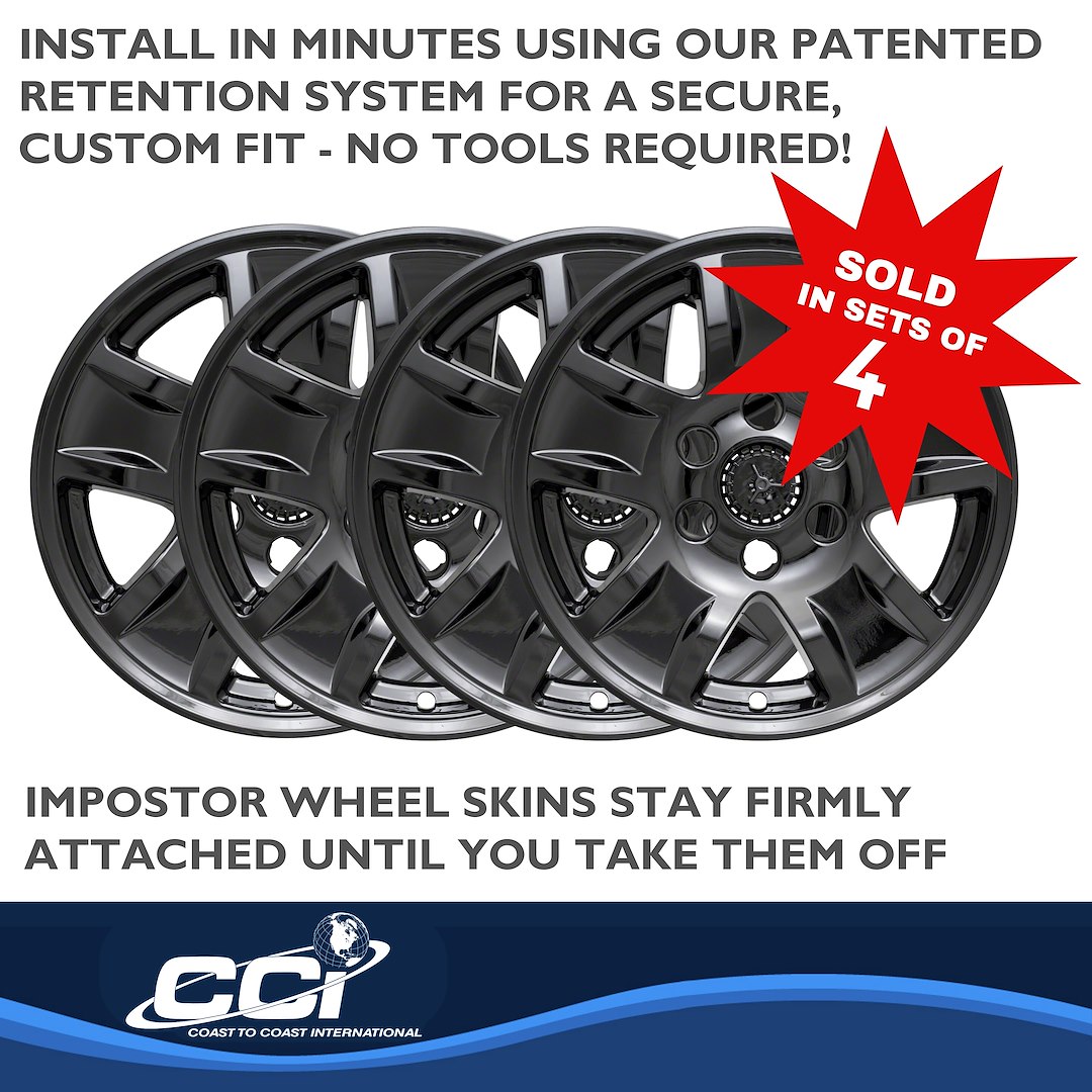Coast to Coast Wheel Skin, Impostor ®, 17 Inch, 5 Spokes, Snap-On/Center Retention, Painted, Gloss Black, ABS Plastic, Set of 4 – IWCIMP390BLKN