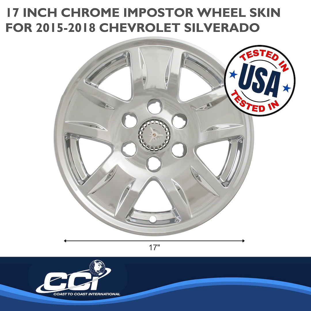 Coast to Coast Wheel Skin, Impostor ®, 17 Inch, 5 Spokes, Snap-On/Center Retention, Plated, Chrome, ABS Plastic, Set of 4 – IWCIMP390XN