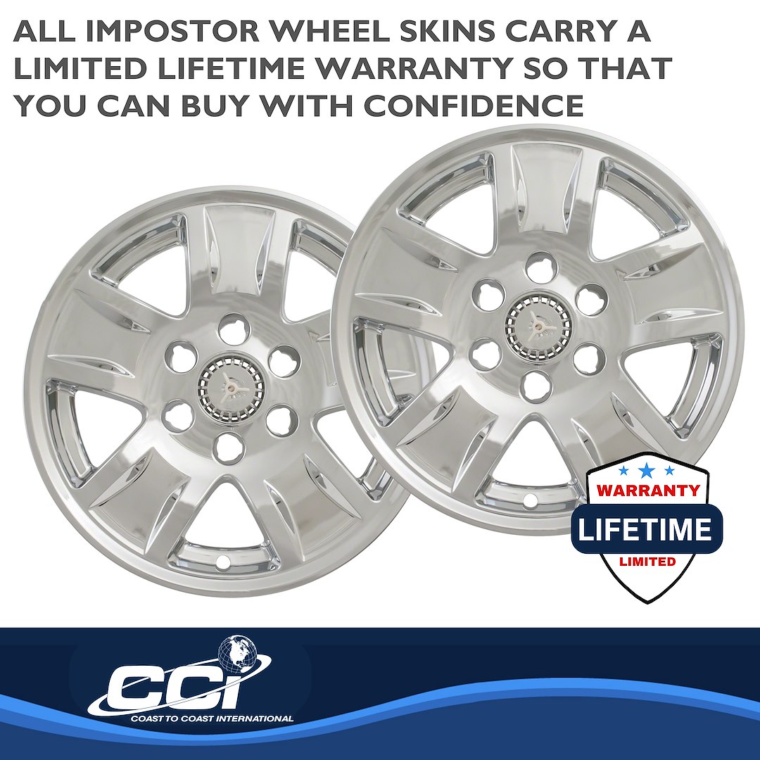 Coast to Coast Wheel Skin, Impostor ®, 17 Inch, 5 Spokes, Snap-On/Center Retention, Plated, Chrome, ABS Plastic, Set of 4 – IWCIMP390XN
