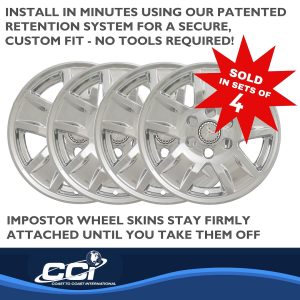 Coast to Coast Wheel Skin, Impostor ®, 17 Inch, 5 Spokes, Snap-On/Center Retention, Plated, Chrome, ABS Plastic, Set of 4 – IWCIMP390XN