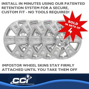Coast to Coast Wheel Skin, Impostor ®, 18 Inch, 6 Spokes, Snap-On/Center Retention, Plated, Chrome, ABS Plastic, Set of 4 – IWCIMP403X