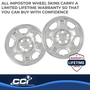 Coast to Coast Wheel Skin, Impostor ®, 16 Inch, 5 Raised Dimpled Spokes, Snap-On, Plated, Chrome, ABS Plastic, Set of 4 – IWCIMP40X