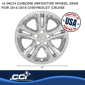 Coast to Coast Wheel Skin, Impostor ®, 16 Inch, 5 Double Spokes, Snap-On/Center Retention, Plated, Chrome, ABS Plastic, Set of 4 – IWCIMP412XN