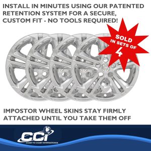 Coast to Coast Wheel Skin, Impostor ®, 16 Inch, 5 Double Spokes, Snap-On/Center Retention, Plated, Chrome, ABS Plastic, Set of 4 – IWCIMP412XN