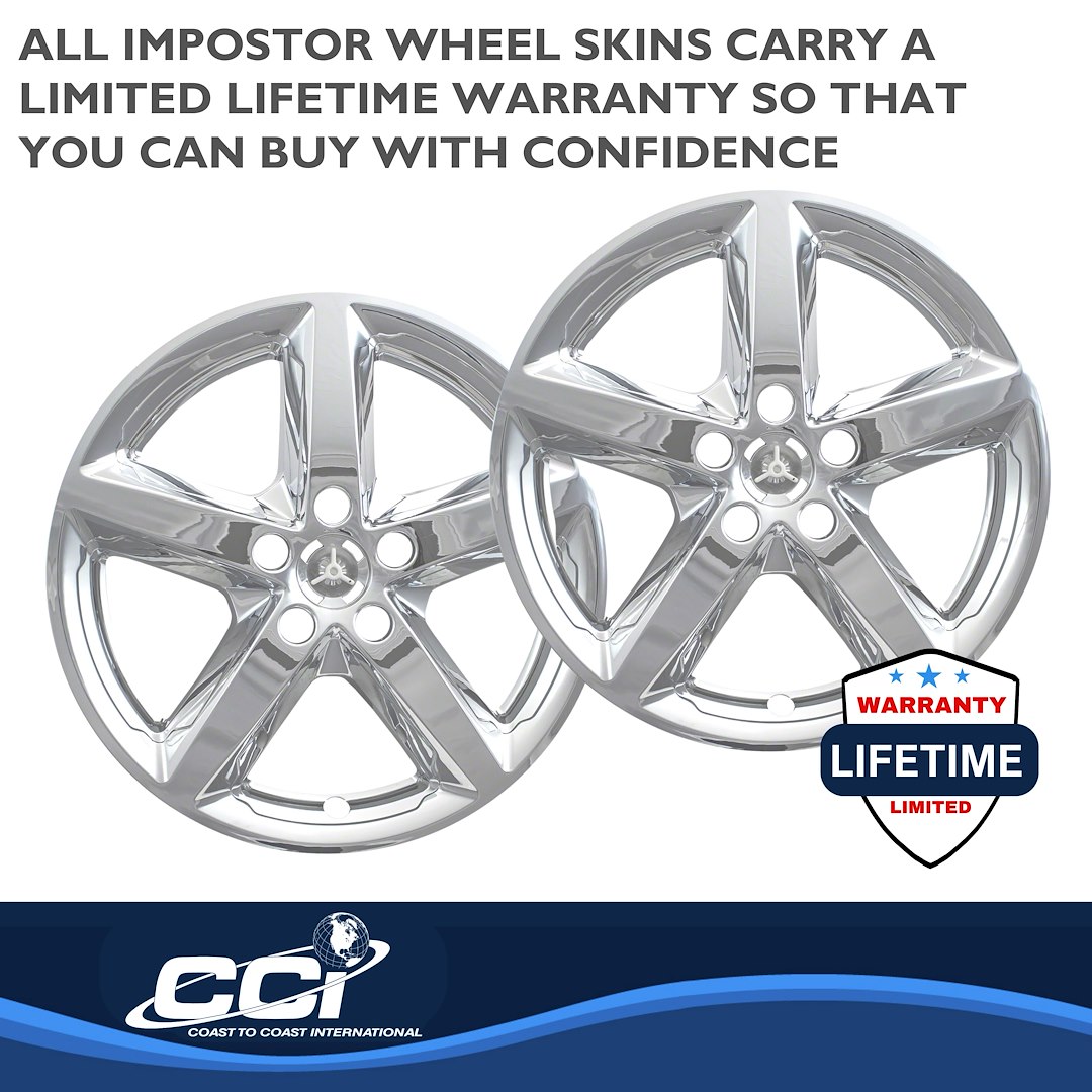 Coast to Coast Wheel Skin, Impostor ®, 18 Inch, 5 Spokes, Snap-On/Center Retention, Plated, Chrome, ABS Plastic, Set of 4 – IMP419X