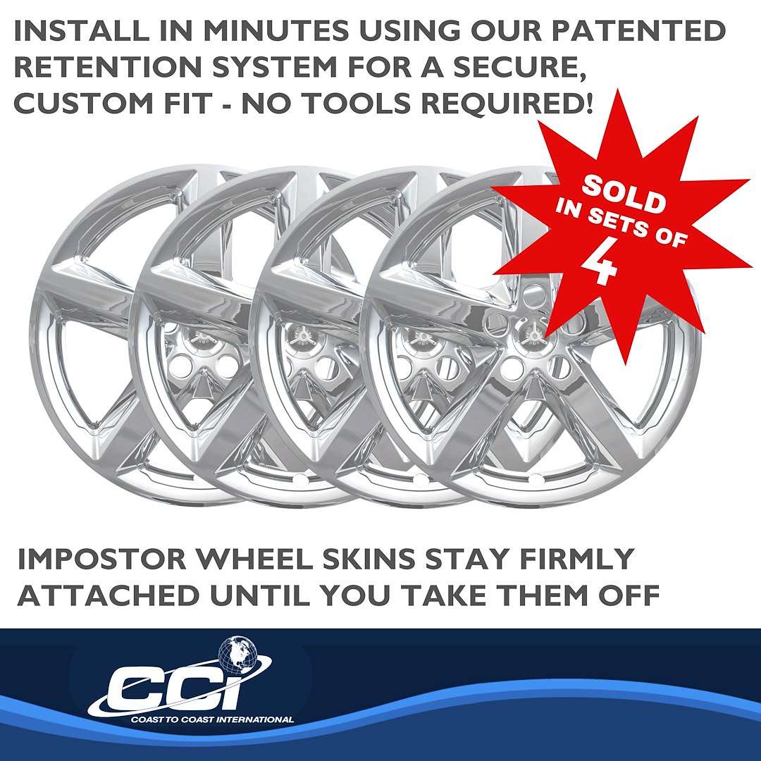 Coast to Coast Wheel Skin, Impostor ®, 18 Inch, 5 Spokes, Snap-On/Center Retention, Plated, Chrome, ABS Plastic, Set of 4 – IMP419X
