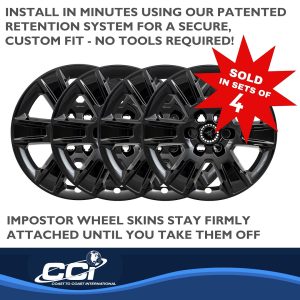 Coast to Coast Wheel Skin, Impostor ®, 20 Inch, 6 Spokes, Snap-On/Center Retention, Painted, Gloss Black, ABS Plastic, Set of 4 – IMP426BLK
