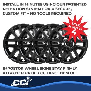 Coast to Coast Wheel Skin, Impostor ®, 16 Inch, 6 Split Spokes, Snap-On/Center Retention, Painted, Gloss Black, ABS Plastic, Set of 4 – IWCIMP427BLK
