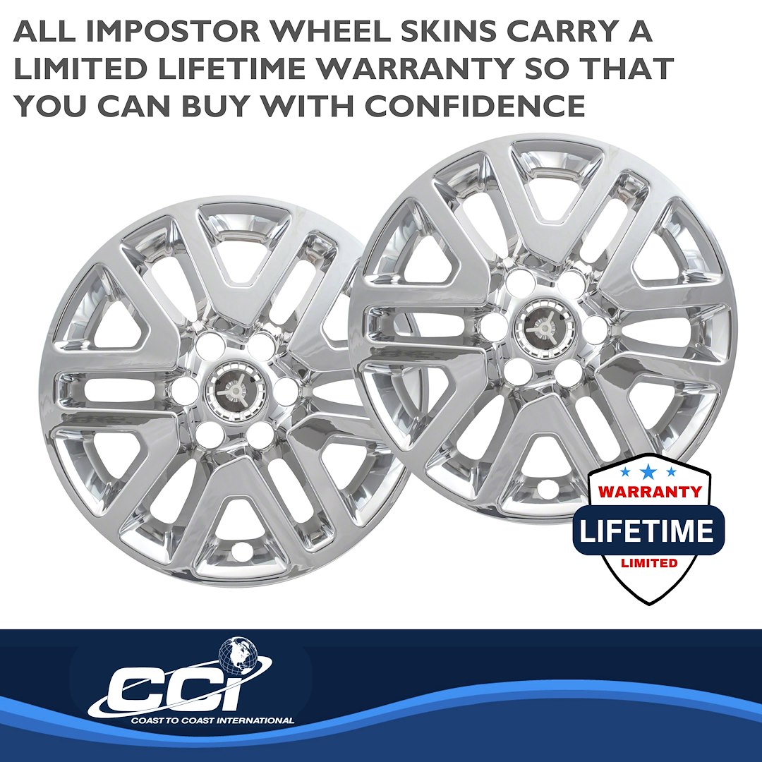 Coast to Coast Wheel Skin, Impostor ®, 16 Inch, 6 Split Spokes, Snap-On/Center Retention, Plated, Chrome, ABS Plastic, Set of 4 – IWCIMP427X