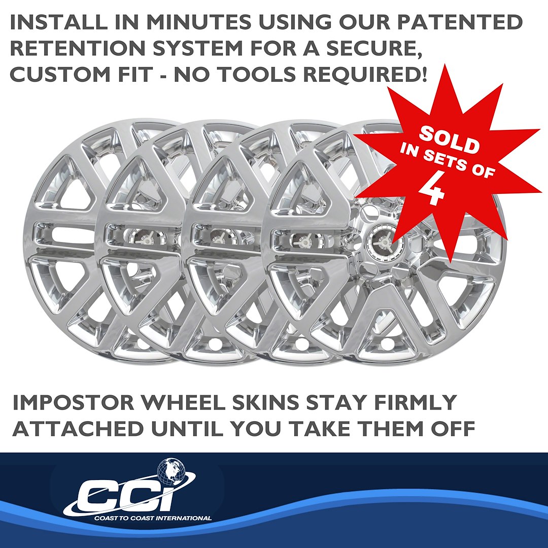 Coast to Coast Wheel Skin, Impostor ®, 16 Inch, 6 Split Spokes, Snap-On/Center Retention, Plated, Chrome, ABS Plastic, Set of 4 – IWCIMP427X