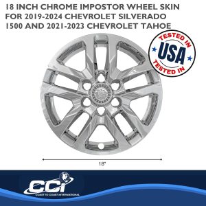 Coast to Coast Wheel Skin, Impostor ®, 18 Inch, 5 Split Spokes, Snap-On/Center Retention, Plated, Chrome, ABS Plastic, Set of 4 – IWCIMP432X