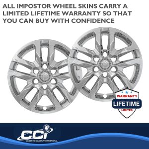 Coast to Coast Wheel Skin, Impostor ®, 18 Inch, 5 Split Spokes, Snap-On/Center Retention, Plated, Chrome, ABS Plastic, Set of 4 – IWCIMP432X