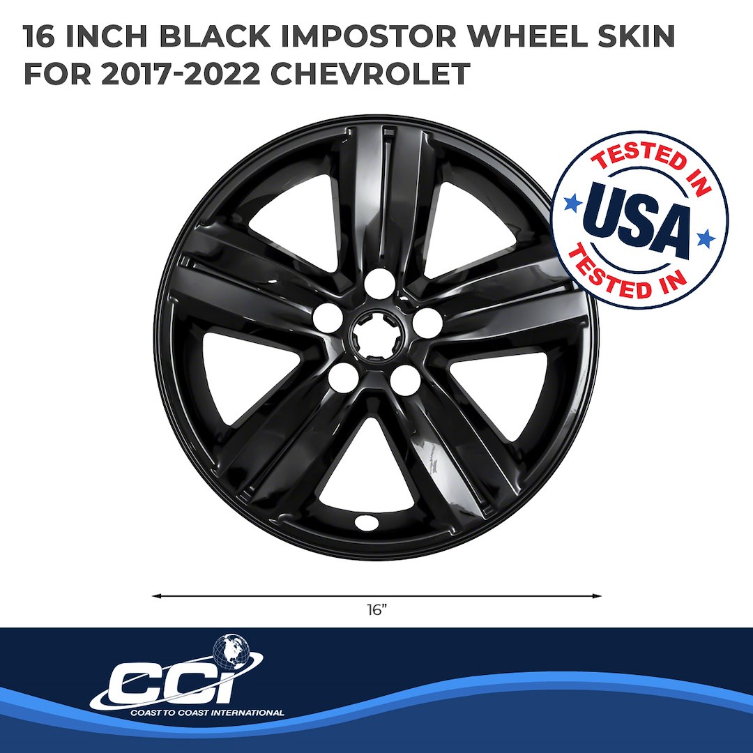Coast to Coast Wheel Skin, Impostor ®, 16 Inch, 5 Spokes, Snap-On/Center Retention, Painted, Gloss Black, ABS Plastic, Set of 4 – IWCIMP437BLK