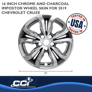 Coast to Coast Wheel Skin, Impostor ®, 16 Inch, 5 Split Spokes, Snap-On, Plated, Chrome/ Charcoal, ABS Plastic, Set of 4 – IWCIMP442CC