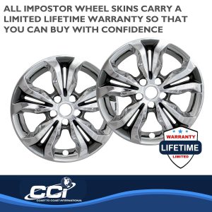 Coast to Coast Wheel Skin, Impostor ®, 16 Inch, 5 Split Spokes, Snap-On, Plated, Chrome/ Charcoal, ABS Plastic, Set of 4 – IWCIMP442CC